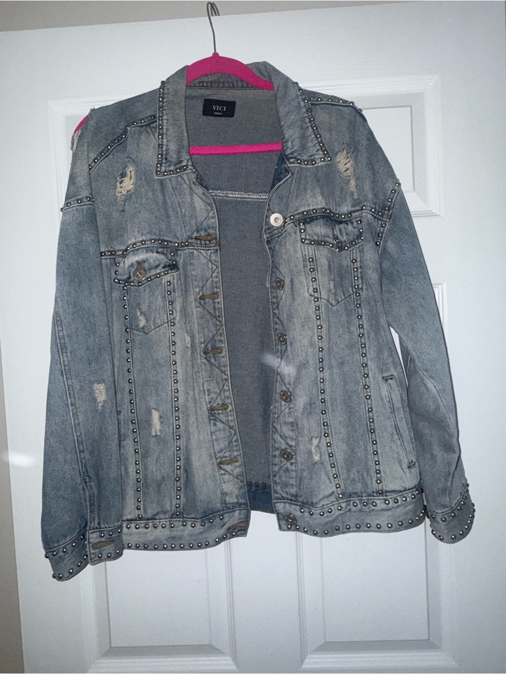 VICI Grey Studded Distressed Denim Jacket with Button Front